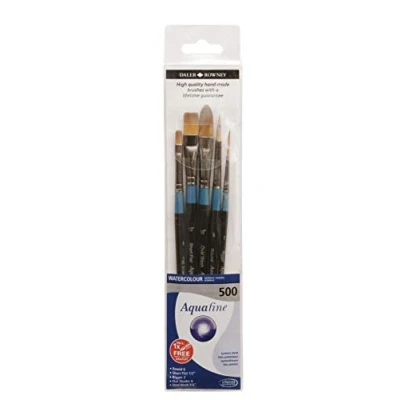 Immagine di Daler Rowney Aquafine pennello per acquerello, setole sintetiche morbide, manico corto, rotondo, ovale, piatto e piatto, set da 500, 5 pennelli assortiti