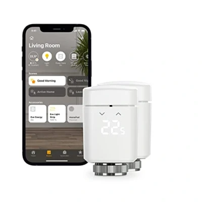 Immagine di Eve Thermo, Set di 2 Valvola termostatica intelligente con display a LED, controllo automatico della temperatura, non richiede bridge, controlli touch integrati, Bluetooth, Apple HomeKit