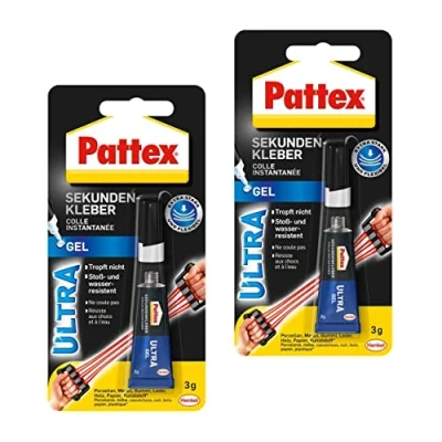 Immagine di Pattex Instant Adhesive Ultra, 2X 3 g supercolla Extra Forte e Flessibile, Colla per riparazioni Resistente agli Urti all&#039;Acqua con consistenza Gel Gomma, Pelle, Legno, ECC, 9H PSG2CX ST