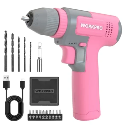 Immagine di WORKPRO Trapano a Batteria 8V, Elettrico con Mandrino da 10 mm, Cacciavite Elettrico, Velocità Variabile, Ricaricabile Tipo C, 15 Accessori, Rosa