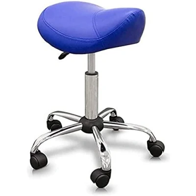 Immagine di QUIRUMED Sgabello tipo Pony, ergonomico, con base in acciaio, colore blu, rivestimento similpelle, altezza regolabile, seduta imbottita, ruote piroettanti, fino a 150 kg