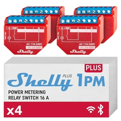 Immagine di Shelly Plus 1PM 4 Pezzi, Rèle Interruttore con misuratore di consumo elettrico 16A, Wi Fi e Bluetooth, Automazione Luci, Alexa Google Home, App iOS Android, Nessun hub richiesto