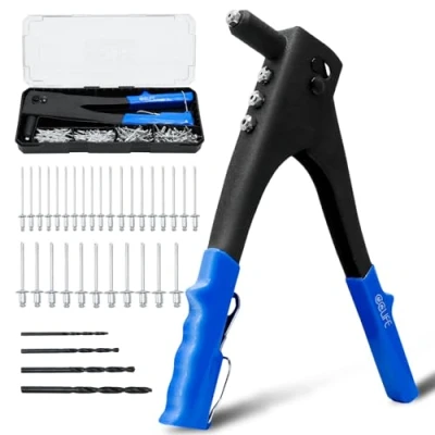 Immagine di CCLIFE Rivettatrice Manuale Pistola Professionale per Rivetti Spararivetti 200 pezzi 4 Teste Intercambiabili HSS Punte da Trapano Set Alluminio