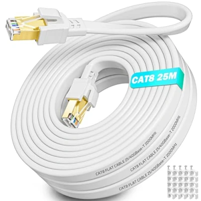 Immagine di Soibke Cavo Ethernet 25 Metri, Cat 8 LAN Schermato 40Gbps 2000MHz di Rete ad Alta Velocità Internet 25mt Piatto Filo RJ45 Bianco Patch per Router Modem