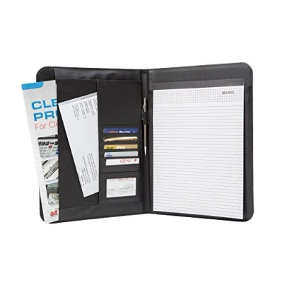 Immagine di Genie, elegante cartella A4 Wiesbaden, super leggera e resistente, rifiniture in nylon Finta Pelle, incluso blocco note, portapenne, tasca a scomparto, porta biglietti da visita nero