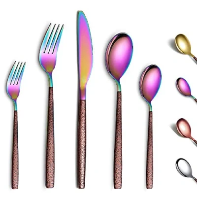 Immagine di Berglander Set di posate 30 pezzi con manico in superficie lunare e placcatura titanio testa arcobaleno lucido, colorate acciaio inossidabile utensili Servizio per 6