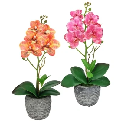 Immagine di Fiore artificiale farfalla orchidea 35 cm con foglie in vaso, Phalaenopsis, vaso per piante artificiali, decorazione matrimoni, fiori di seta Real Touch, set da 2 pezzi,