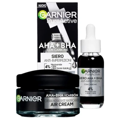 Immagine di Garnier Air Cream Crema Viso Idratante Matificante AHA BHA con Carbone 50ml + PureActive Siero Anti Imperfezioni Niacinamide Trattamento Brufoli Punti Neri da 30ml