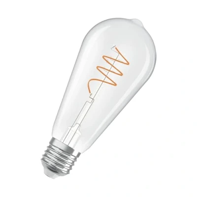 Immagine di OSRAM Vintage 1906 Edison è una lampada LED a luce bianca calda con un filamento spirale forma di lampadina Edison. Offre 3,4 W per 470 lm, attacco E27, vetro trasparente, diametro 64 mm, 2700 K.