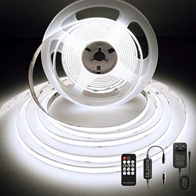 Immagine di BERIXDEEP Striscia LED COB 5 Metri, Bianco Freddo con Alimentatore e Telecomando, CRI&gt;90, DC24V, 480LEDs/M, Larghezza 8mm, Continua senza Punti Luce, 6000K