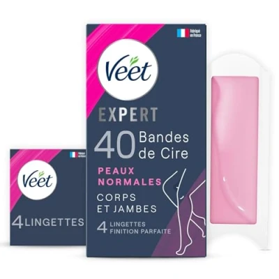Immagine di Veet Expert 40 strisce di cera fredda per corpo e gambe, pelli normali, finitura perfetta, depilazione a lunga durata