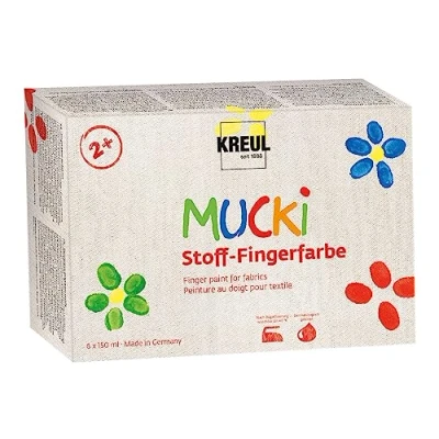 Immagine di KREUL 28420 Vernice a Dita per Tessuti Mucki, Brillanti Base d&#039;Acqua Bambini dai 2 Anni in su, Colore Bianco, Giallo, Rosso, Verde, Blu, Viola, 1 Stück (1er Pack),