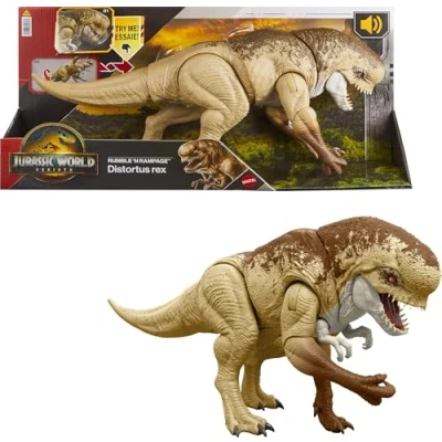 Immagine di Mattel Jurassic World Rebirth Distortus Rumble N Rampage Dinosaur Action Figure 55,9 cm con 2 azioni di attacco, accurato al contenuto, gioco digitale