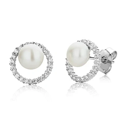Immagine di Miore Orecchini Donna con Perle Coltivate d&#039;Acqua Dolce e Zirconi Brillanti in Argento 925 Rodiato. a Lobo Classici anallergici, Chiusura perno passante farfalla.