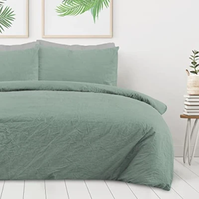 Immagine di Sleepdown Set di biancheria da letto con copripiumino e federe, 100% puro cotone, tinta unita, colore: verde salvia, morbido facile pulire, per king size (230 x 200 cm)