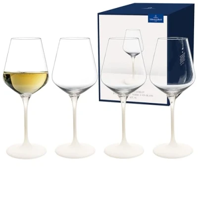 Immagine di Villeroy &amp; Boch Manufacture Rock blanc Set di calici per vino bianco, 4 pezzi. bicchieri 380 ml, Cristallo, Effetto ardesia bianca opaca