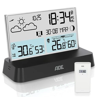 Immagine di ADE Stazione meteo digitale con sensore esterno Temperatura interna ed esterna Igrometro, barometro, termometro Calendario e fasi lunari Sveglia radio controllata illuminazione nero