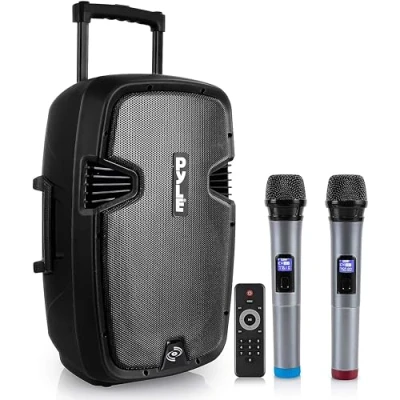 Immagine di Pyle Cassa Bluetooth Portatile 1600 Watt, Karaoke Speaker, Batteria Ricaricabile, Ruote, USB/MP3/RCA, Radio FM, 2 Microfoni UHF, Telecomando