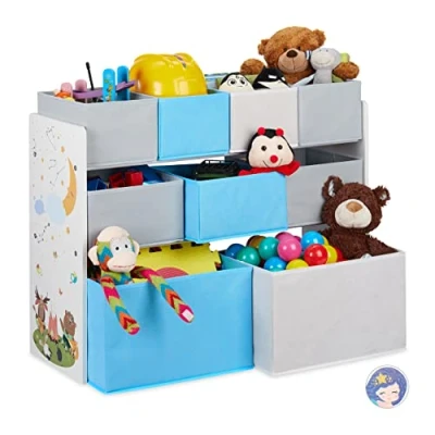 Immagine di relaxdays Scaffale Porta Giochi con 9 Scatole di Stoffa, Immagine Un Falò, Organizer, 66 x 82,5 29,5 cm, Colorato, Truciolato, Tessuto, Set da 1