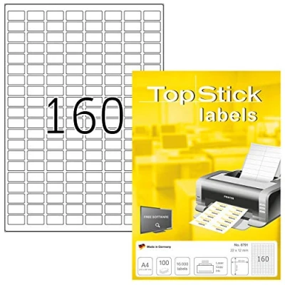 Immagine di TopStick etichette multiuso autoadesive, 160 per foglio A4, 100 fogli, 22 x 12 mm, 16000 etichette, adesive universali vuote, stampanti laser e inkjet, bianco