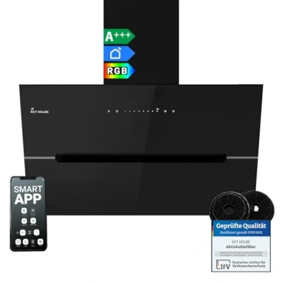 Immagine di Cappa aspirante 80 cm/Cappa Cucina Inclinata/acciaio inossidabile/vetro nero/WiFi/auto spegnimento/Illuminazione LED RGBW/Operazione di tocco / ECCO8005SM