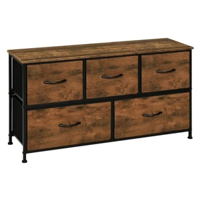 Immagine di WOLTU Cassettiera Camera da Letto, con 5 Cassetti a 2 Livelli in Tessuto, Mobile Industriale, Struttura Metallo e Legno, Marrone Rustico, 100x30x54cm, SSK005hov
