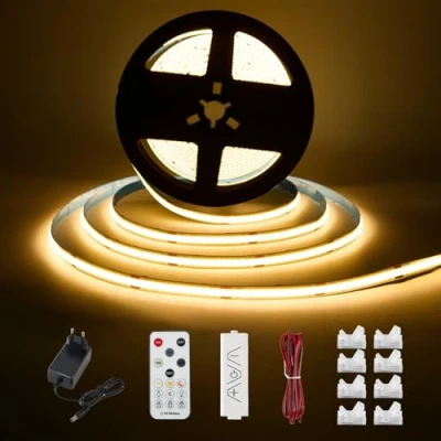 Immagine di Enteenly COB Lampada da incasso a LED, 5 m, luce bianca calda, per armadio, striscia luminosa con telecomando RF, dimmerabile, scaffali, vetrine, illuminazione cucina, adattatore 24 V, 2700 K