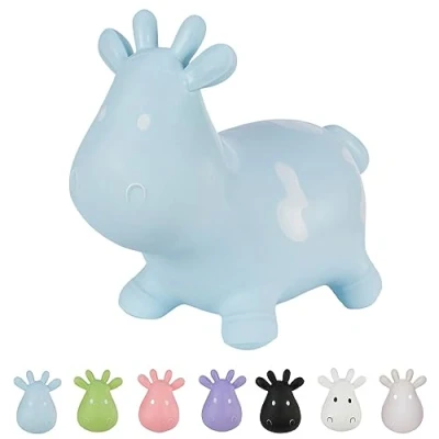 Immagine di Hoppimals Space Hopper Mucca Gonfiabile per Bambini di età Pari o Superiore a 12 Mesi Imballo con Confezione Regalo, Pompa Inclusa Cavalcabile Bambino, Palla rimbalzante Blu