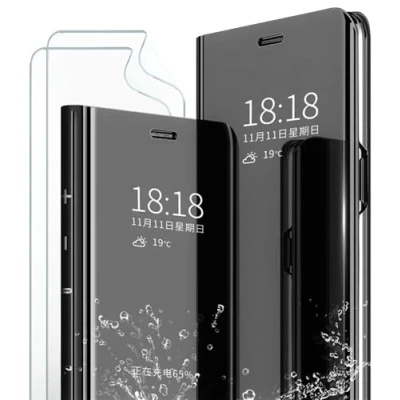 Immagine di MLOTECH Cover per Samsung S10 Plus,Cover + protezione schermo [2 pezzi] Flip Clear View Traslucido Specchio Standing 360Custodia antiurto Smart Bumper Nero