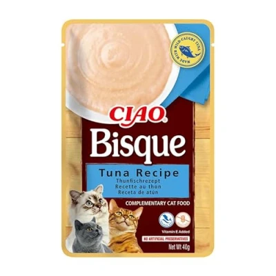 Immagine di INABA CIAO Bisque di Tonno, Cibo Umido per Gatti Crema Sana e Deliziosa ad Alto Contenuto Umidità Complementare Senza Conservanti o Coloranti Artificiali, Grain Free 1 x 40gr
