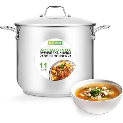 Immagine di NutriChef Pentola da 11,4 Litri in Acciaio Inossidabile 18/8, Resistente per Induzione, con Coperchio Trasparente e Lavabile Lavastoviglie