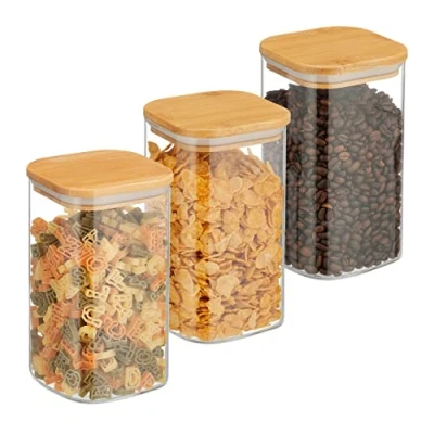 Immagine di Relaxdays Set da 3 Barattoli per Alimenti con Coperchio in bambù, Recipienti Vetro, 1200 ml, Trasparente Naturale