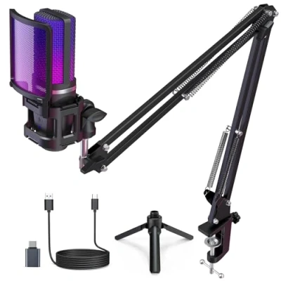 Immagine di ZealSound Set di microfoni USB, RGB microfono condensatore, Gaming, per PC, supporto a braccio incluso, cardioide, mute, YouTube/Zoom, live streaming, online, Android/Windows/macOS/PS