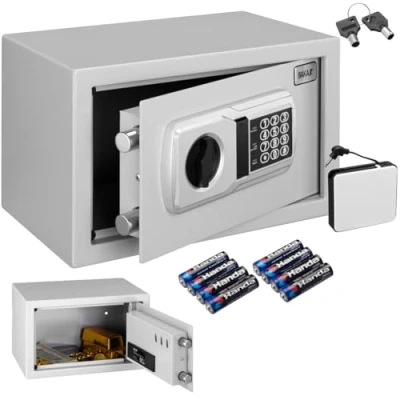 Immagine di BAKAJI Cassaforte Elettronica di Sicurezza con Box Batteria Esterno, Cassetta Porta Valori e Documenti Antiscasso per Casa, Hotel, Installazione a Muro Parete o Indipendente, 31 x 20 cm (Grigio)