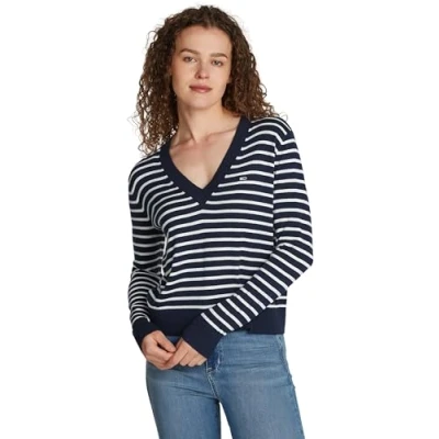 Immagine di Tommy Jeans Donna TJW ESSENTIAL VNECK SWEATER EXT DW0DW18670, Blu (Navy/Bianco Stripe), M