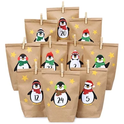 Immagine di PaPIerDraCHeN DIY Calendario dell&#039;avvento Set di Carta Kraft Pinguini da attaccare con 24 Sacchetti Marrone riempire Soli e Fai Te Natale 2021
