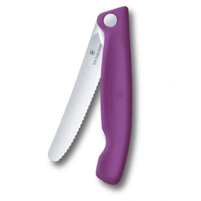 Immagine di Victorinox Swiss Classic Coltello da picnic pieghevole per escursioni, frutta, verdura, panini, salsicce, lama seghettata, extra affilato, Viola