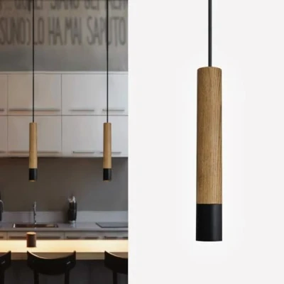 Immagine di ouglres Lampada a sospensione Vintage, lampadario Retro cilindro Nera GU10,Lampada industriale retrò,Lampada in legno,Lampadario creativo per cucina,bar,ristorante,caffè