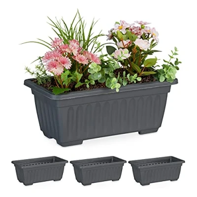Immagine di Relaxdays Fioriera da Esterni e Interni, Set 4, Vasi Rettangolari in Plastica, HLP: 14 x 34 18,5 cm, Antracite