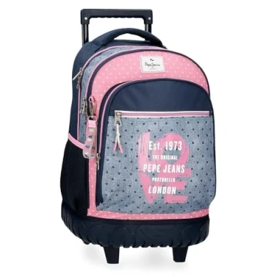Immagine di Pepe Jeans Joumma Bags Zaino da scuola, blu e rosa, in poliestere, spallacci regolabili, per un comodo trasporto, vari scomparti, con portachiavi pompon, multicolore, 2 ruote