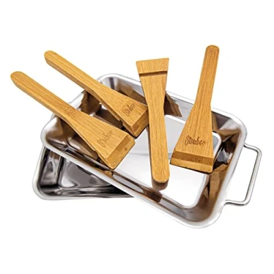 Immagine di Steuber Premium Line Set di 2 padelle in acciaio inox con 4 raschietti legno, 18 x 12,5 cm, ricambio per ciotole alluminio, grill raclette