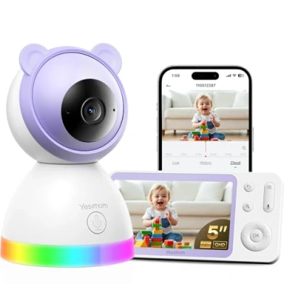 Immagine di YESIMOM 2K Baby Monitor Video e Audio, Telecamera Bambini Supporto Controllo Tramite Cellulare APP &amp; 5&quot; Monitor, Videocamera Neonato con Luce Notturna, 360 PTZ, Allarmi Pianto Movimento（8TM 1PZ)