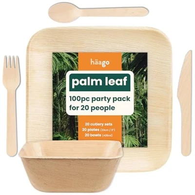 Immagine di HAAGO Set di Piatti e Posate in Foglie Palma da 100 Pezzi (20 Quadrati (22 cm), 20 Ciotole Quadrate (450 ml), Coltelli, Forchette, Cucchiai) Adatto al Microonde