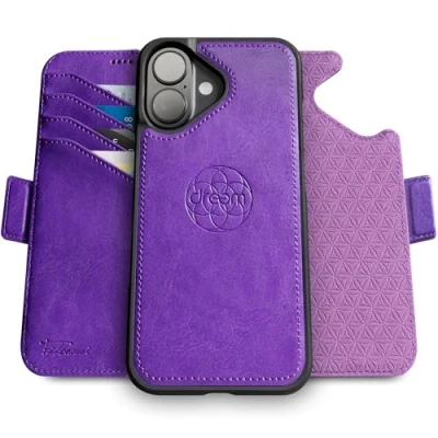Immagine di dreem Fibonacci compatibile con iPhone 16 Plus custodia a portafoglio/custodia antiurto 2 in 1 e folio pelle vegana staccabile, MagSafe, protezione RFID [Viola]