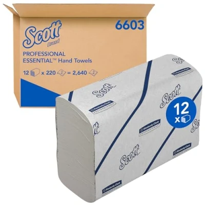 Immagine di asciugamani Scott Essential 6603 di carta con piegatura stretta 12 fascette x 220 bianchi (2.640 totali)
