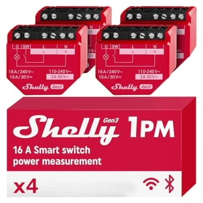 Immagine di Shelly 1PM Gen3 4 Pack Interruttore relè WLAN con misurazione della corrente 16 A Controllo luce Alexa Google Home, compatibile opaco App iOS Android Nessun hub richiesto