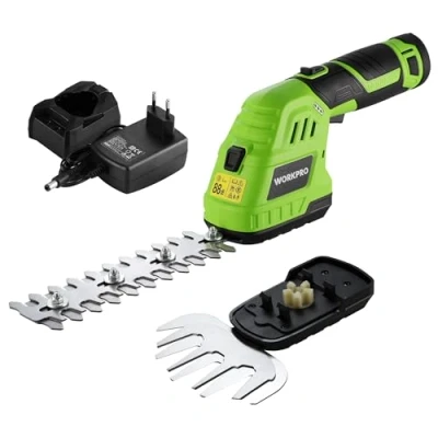 Immagine di WORKPRO Tagliasiepi a batteria 12V Verde, 2 in 1 Forbici con lame, da 2Ah e caricabatterie, tagliaerba elettrico Per diserbare, potare gli alberi, tagliare l&#039;erba