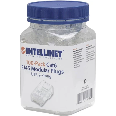 Immagine di Intellinet Kabel Confezione da 100 Intellilnet Cat6 connettore modulare RJ45 UTP cavo Contatto a 2 punti per spina Beche pro 502344