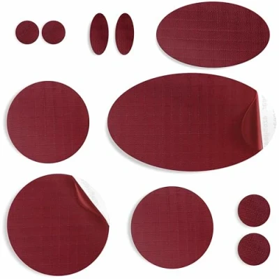Immagine di aZengear Toppe per riparazione piumini Tessuto in nylon pre tagliato, autoadesivo, morbido, impermeabile, resistente agli strappi fissare i fori nei vestiti, sacchi a pelo (11 pezzi, Borgogna)