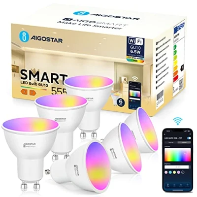 Immagine di Aigostar Lampadine LED Alexa GU10 SL2 Lampadina WIFI Smart 6.5W 555LM, Dimmerabile RGB &amp; 2700K 6500K, Controllo App, 26 Simulazioni di scena, compatibile con Alexa/Google Home, 6 Unità.